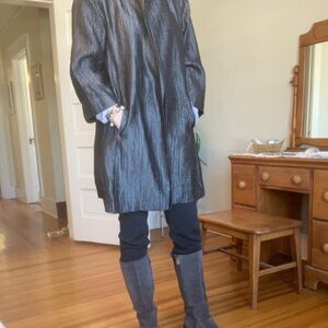 Elegant Eileen Fisher long navy silk shimmery jacket